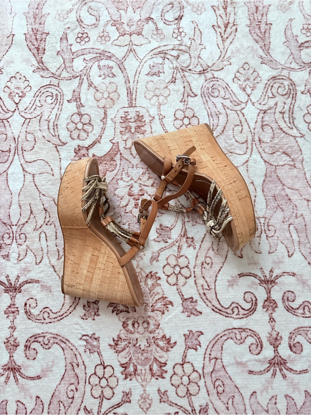 Coach Tan Leather and Braided Rope Cork Wedge Sandals